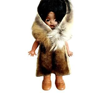 Vtg Arctic Eskimo Doll 6" Plastic Fur Hat Eyes Don't Move